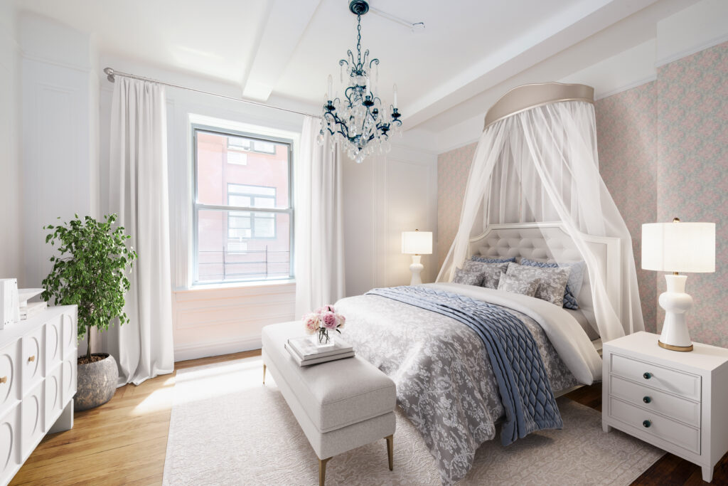 Elegant and serene bedroom in an Upper West Side condo, featuring tasteful decor and a relaxing ambiance.